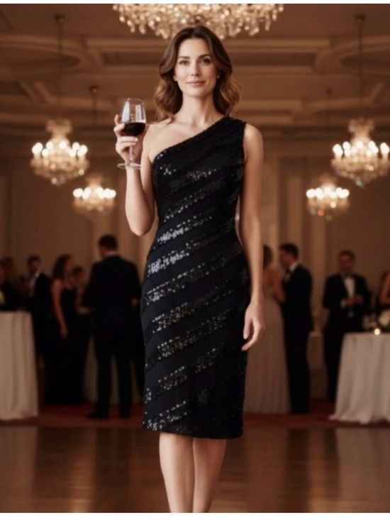 Tadashi Shoji Dresses & Skirts - Tadashi Shoji One-Shoulder Black Sequin Sheath Dress